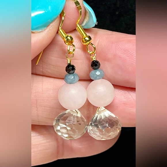 💚💖genuine green amethyst, Rose quartz and gold over sterling earrings-NWT - Picture 2 of 7